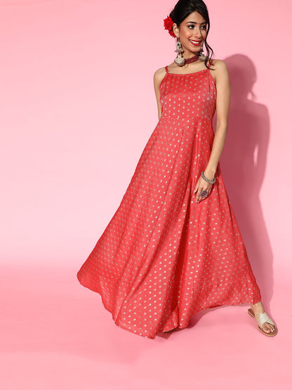 Women's Red Boota Chanderi Maxi Dress