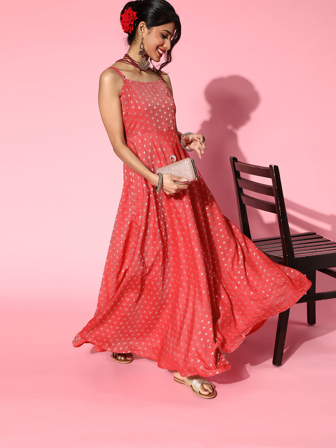 Women's Red Boota Chanderi Maxi Dress