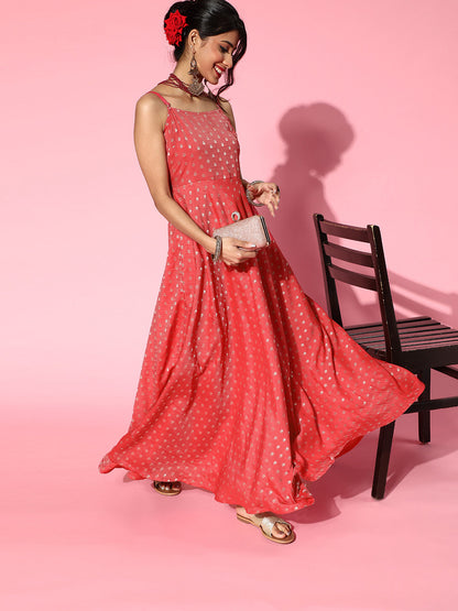 Women's Red Boota Chanderi Maxi Dress