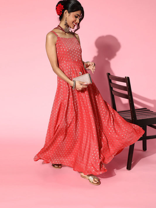 Women's Red Boota Chanderi Maxi Dress