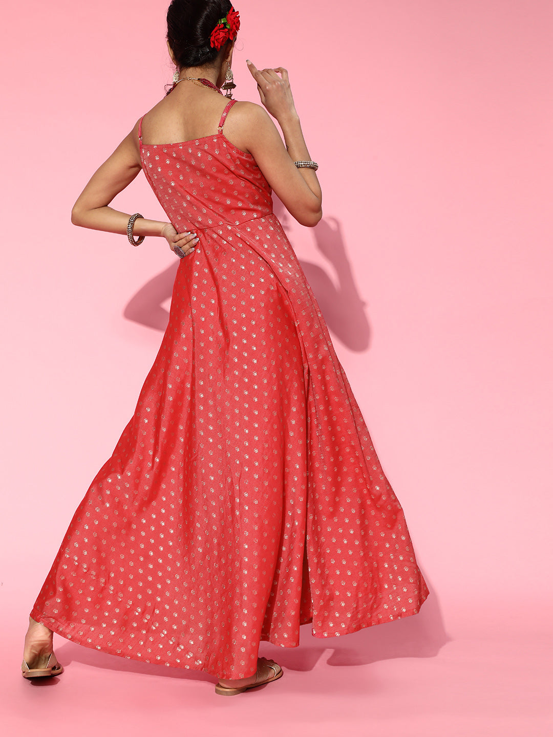 Women's Red Boota Chanderi Maxi Dress