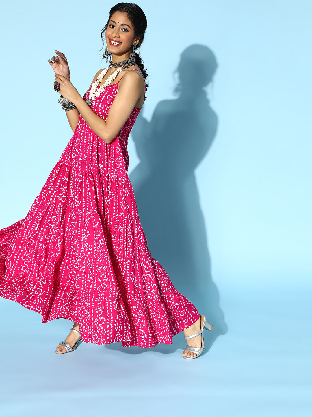 Women's Pink Bandhani Printed Tiered Maxi Dress