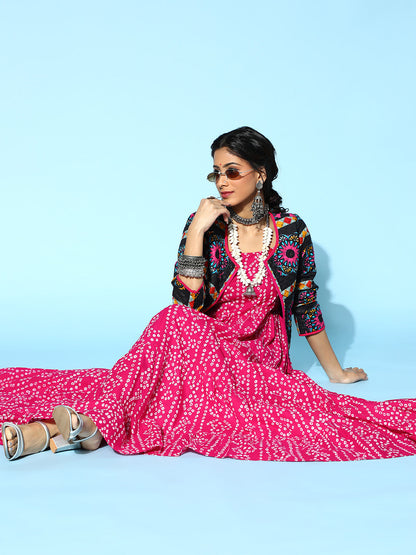 Women's Pink Bandhani Printed Tiered Maxi Dress