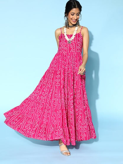 Women's Pink Bandhani Printed Tiered Maxi Dress