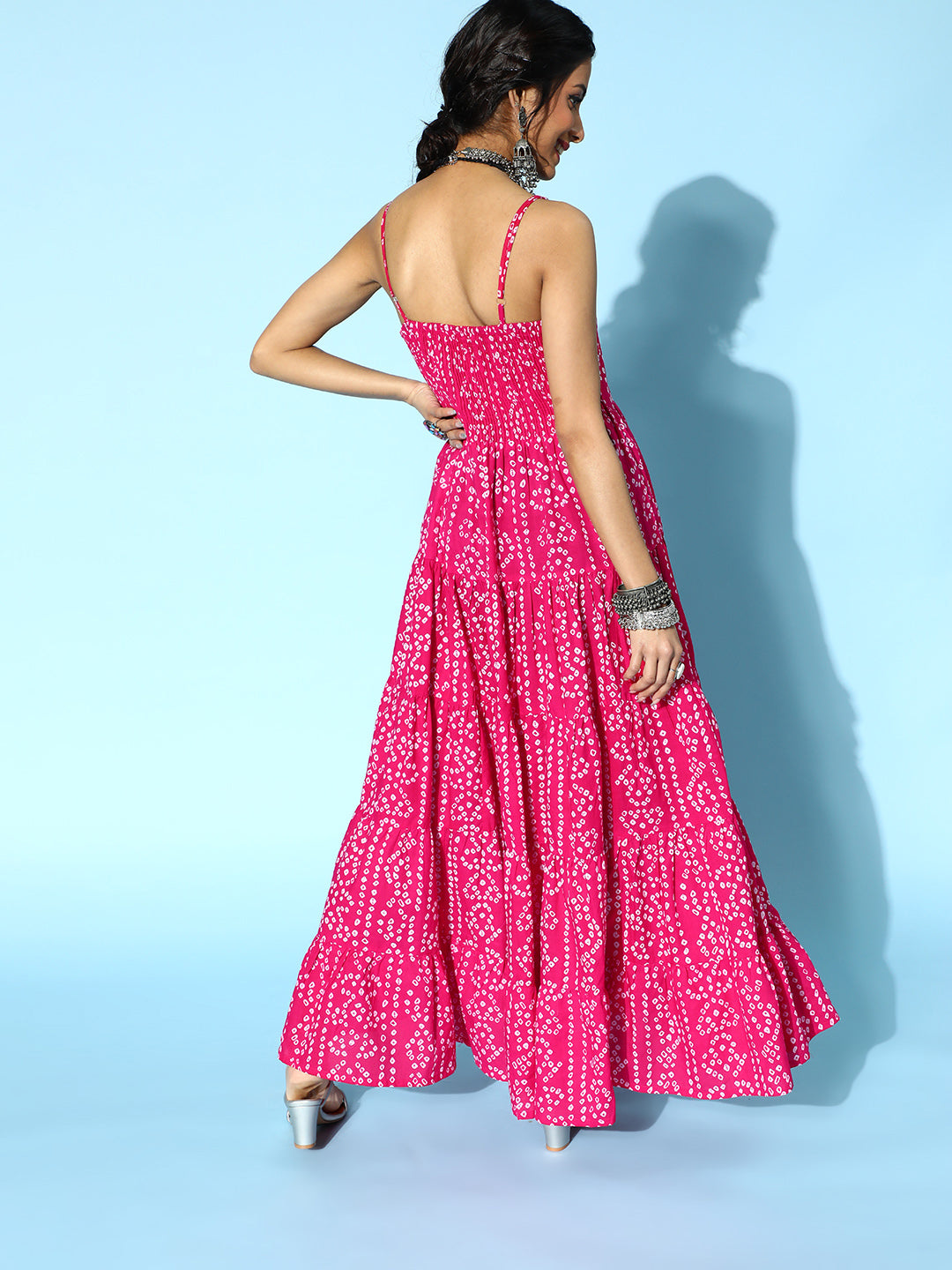 Women's Pink Bandhani Printed Tiered Maxi Dress