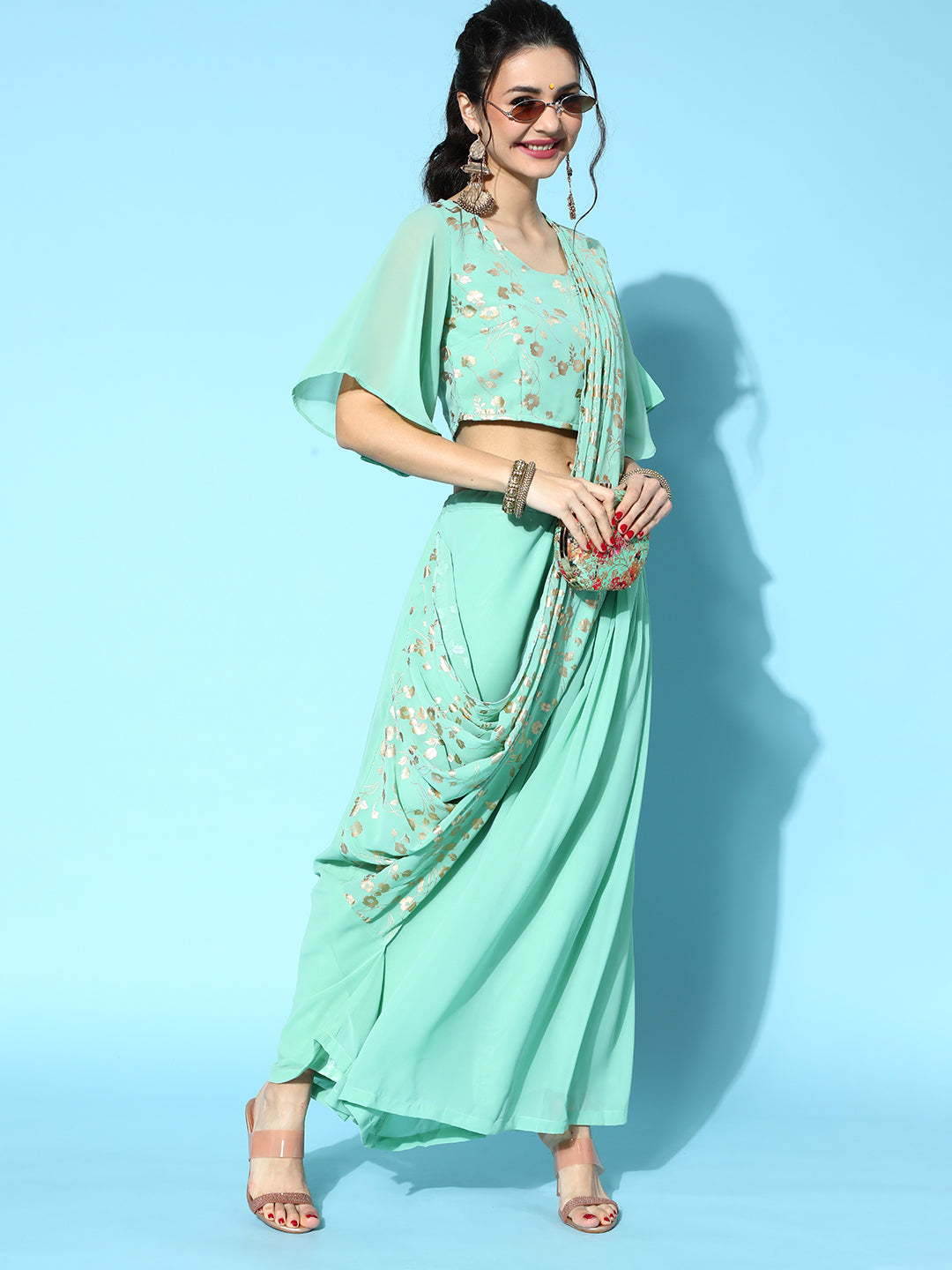Women's Green Floral Print Traditional Saree