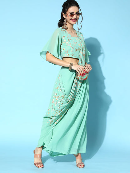 Women's Green Floral Print Traditional Saree