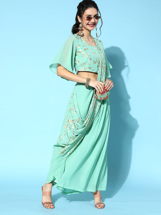 Women's Green Floral Print Traditional Saree