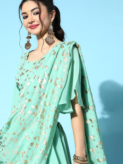 Women's Green Floral Print Traditional Saree