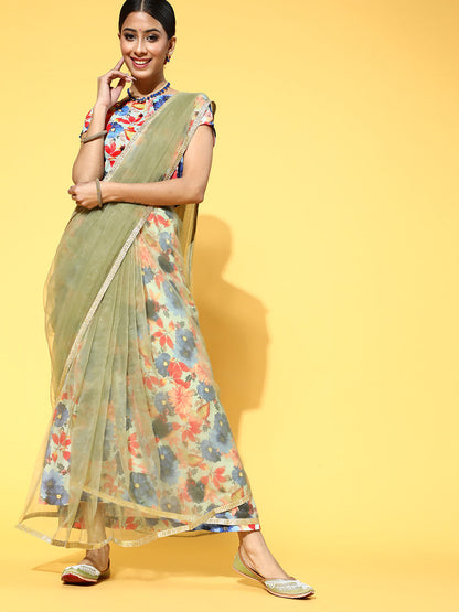 Women's Green Organza Saree with Printed Blouse & Petticoat