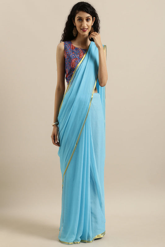 Women's Sky Blue Hand Dyed Chiffon Saree With Hand Block Printed Blouse