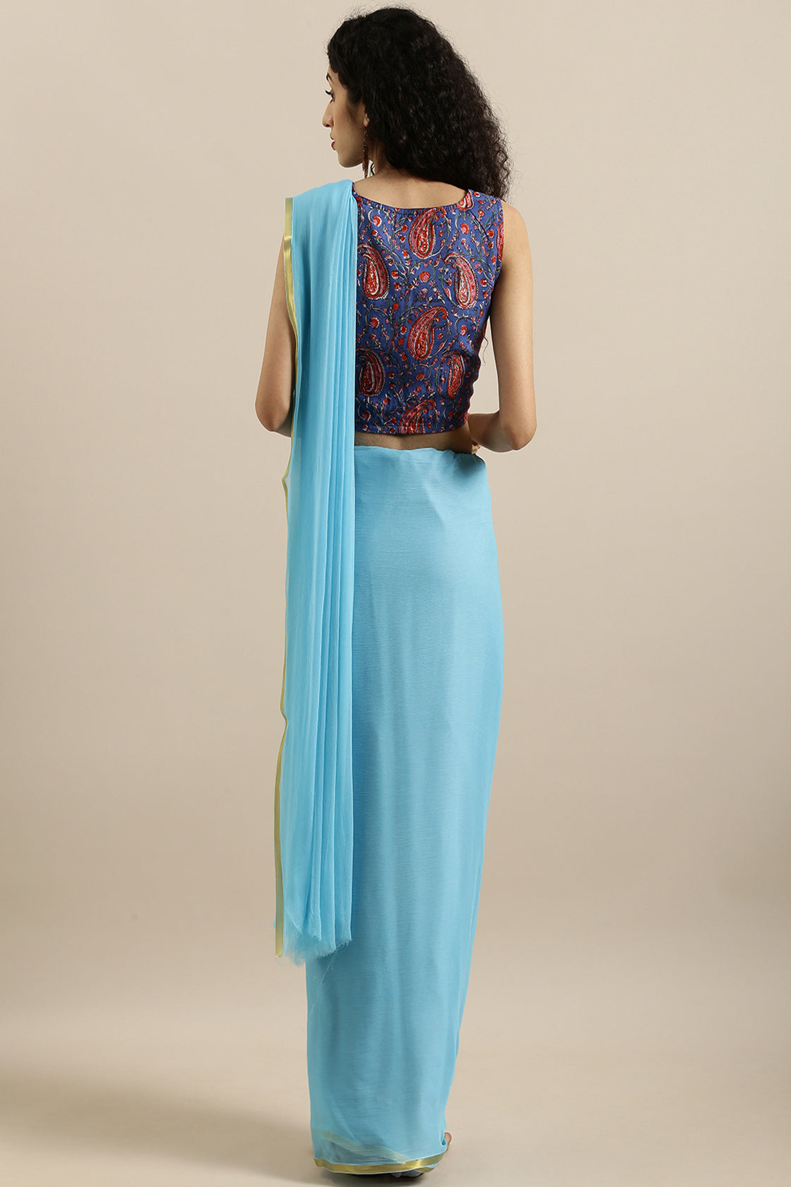 Women's Sky Blue Hand Dyed Chiffon Saree With Hand Block Printed Blouse