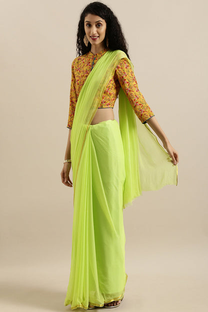 Women's Malavika Mohanan In Lime Green Hand Dyed Plain Chiffon Saree With Hand Block Printed Blouse