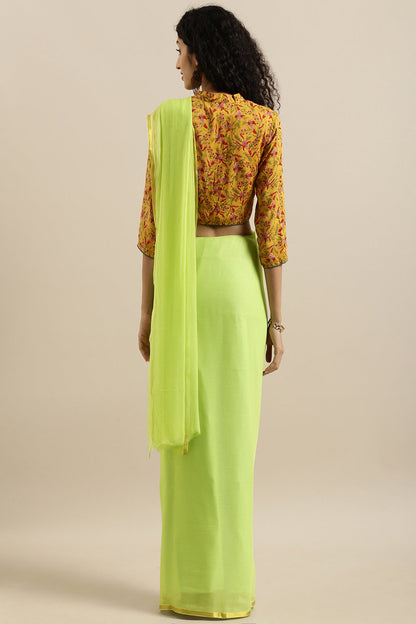 Women's Malavika Mohanan In Lime Green Hand Dyed Plain Chiffon Saree With Hand Block Printed Blouse