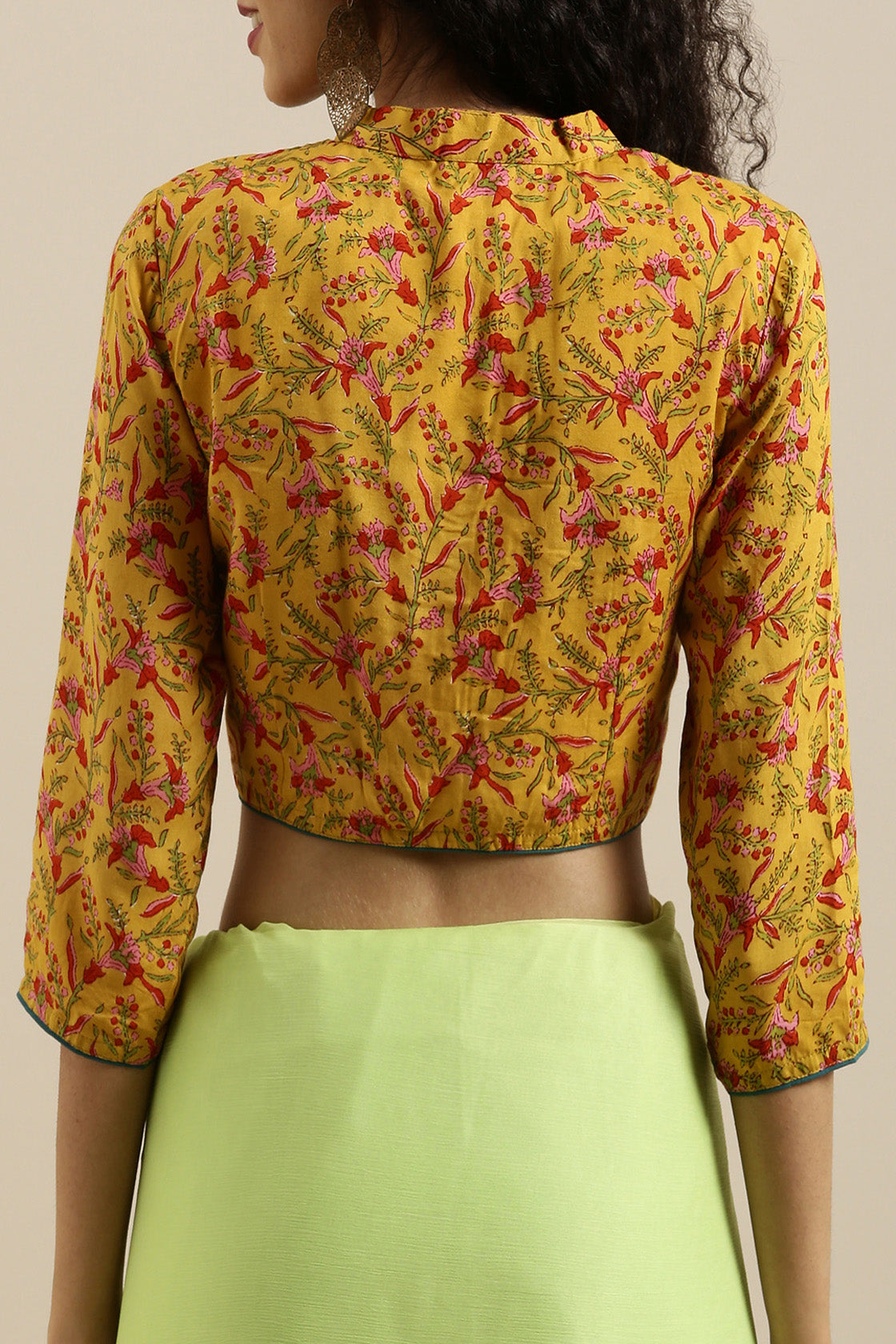 Women's Malavika Mohanan In Lime Green Hand Dyed Plain Chiffon Saree With Hand Block Printed Blouse