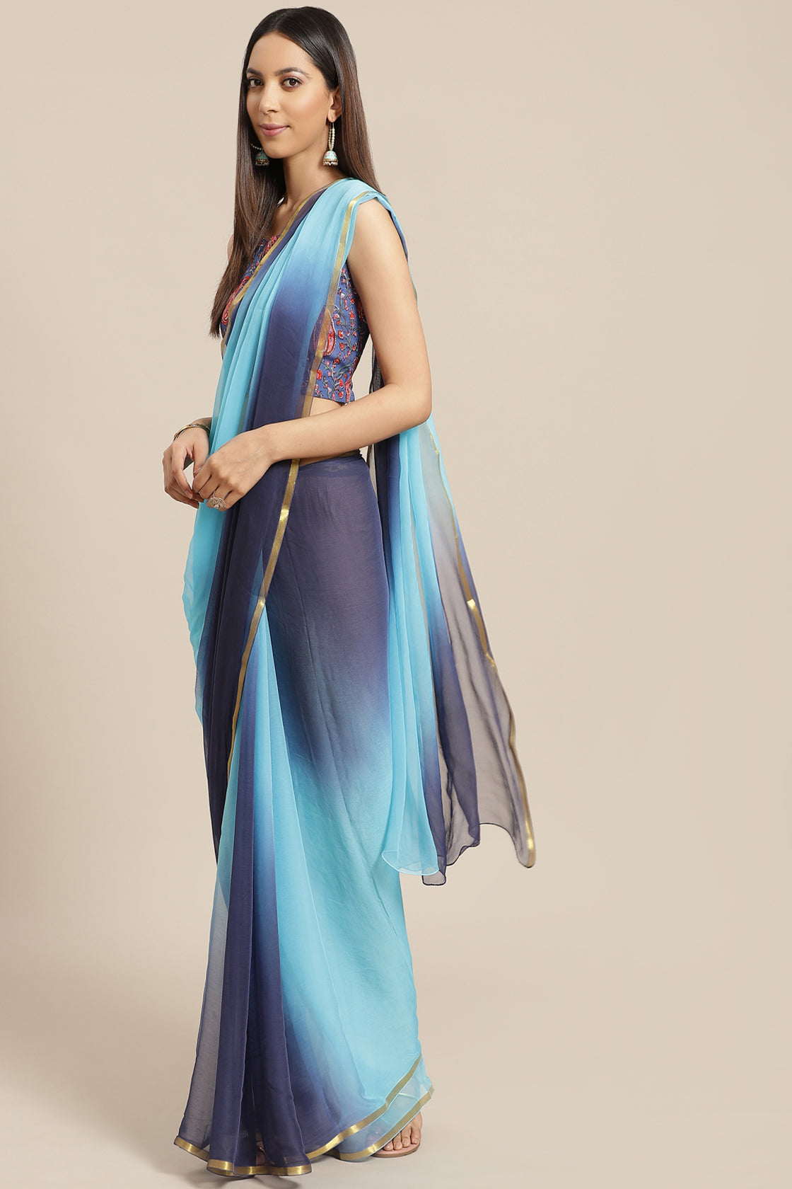 Women's Blue Shaded Hand Dyed Chiffon Saree With Hand Block Printed Blouse