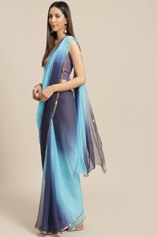 Women's Blue Shaded Hand Dyed Chiffon Saree With Hand Block Printed Blouse