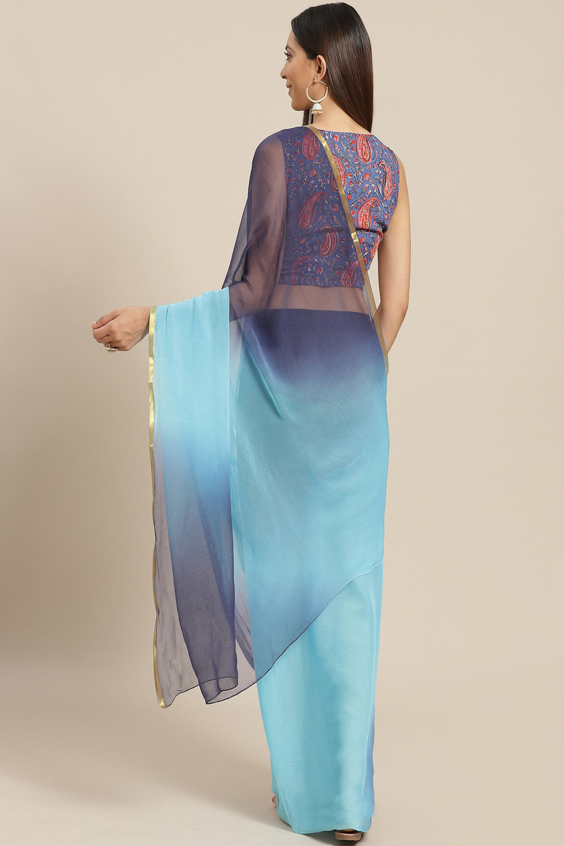 Women's Blue Shaded Hand Dyed Chiffon Saree With Hand Block Printed Blouse
