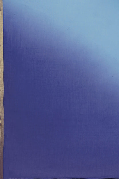 Women's Blue Shaded Hand Dyed Chiffon Saree With Hand Block Printed Blouse