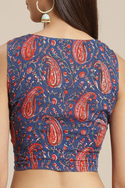 Women's Blue Shaded Hand Dyed Chiffon Saree With Hand Block Printed Blouse