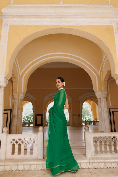 Women's Green Hand Dyed Chiffon Saree With Jacquard Blouse