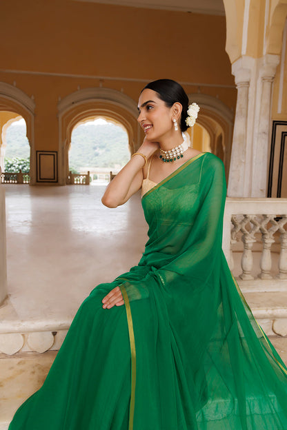Women's Green Hand Dyed Chiffon Saree With Jacquard Blouse