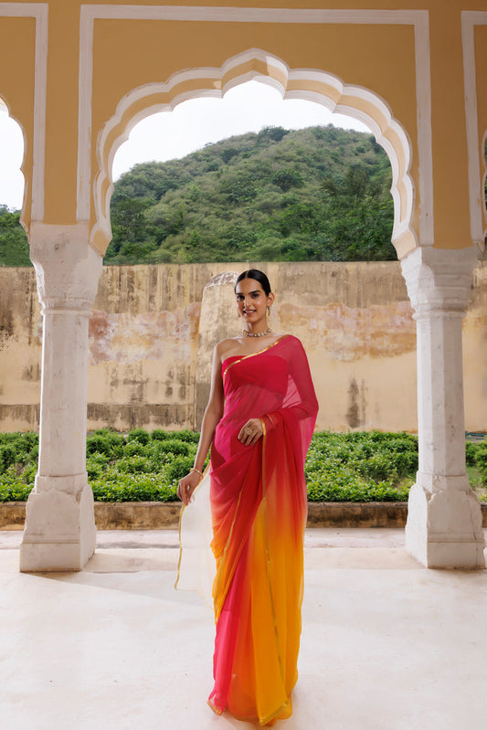 Women's Multi Shaded Hand Dyed Plain Chiffon Saree With Jacquard Blouse