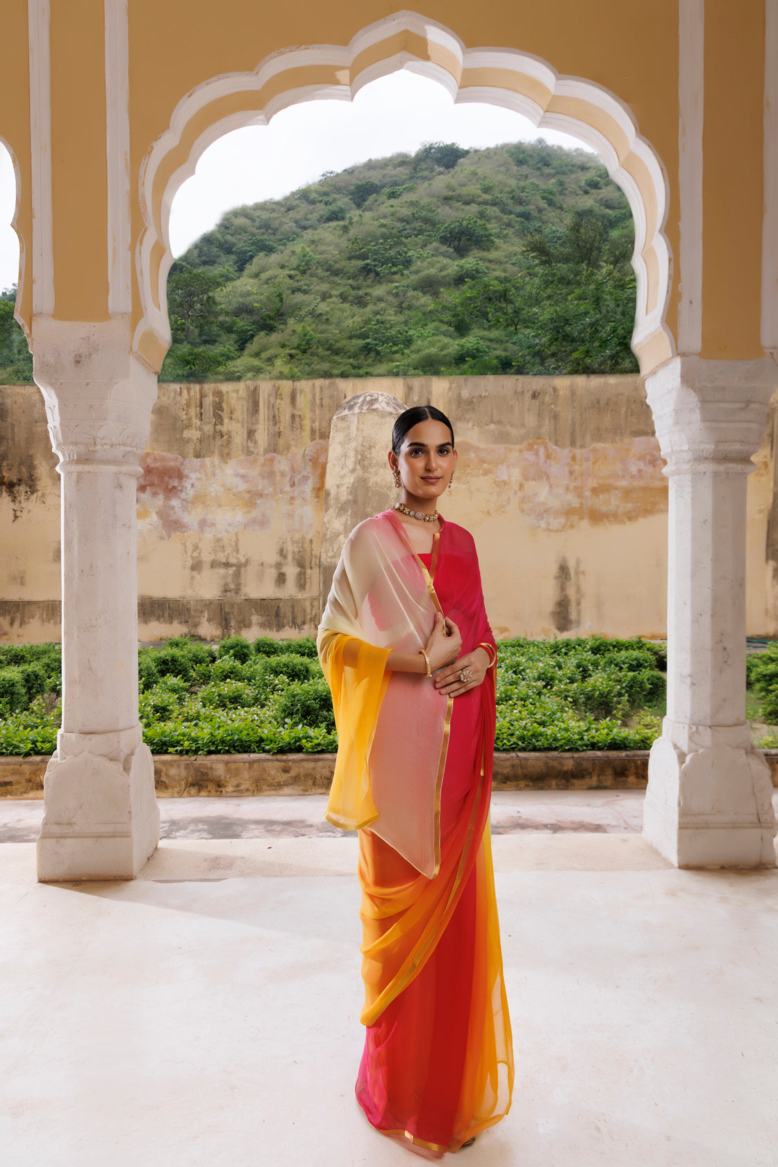 Women's Multi Shaded Hand Dyed Plain Chiffon Saree With Jacquard Blouse