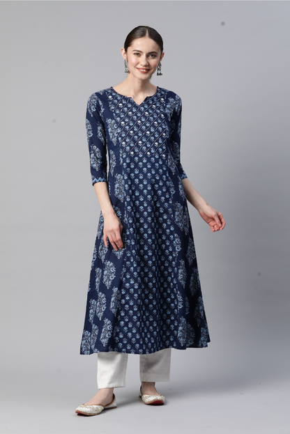 Women's Print & Hand Work A-Line Cotton Blue Stitched Kurta