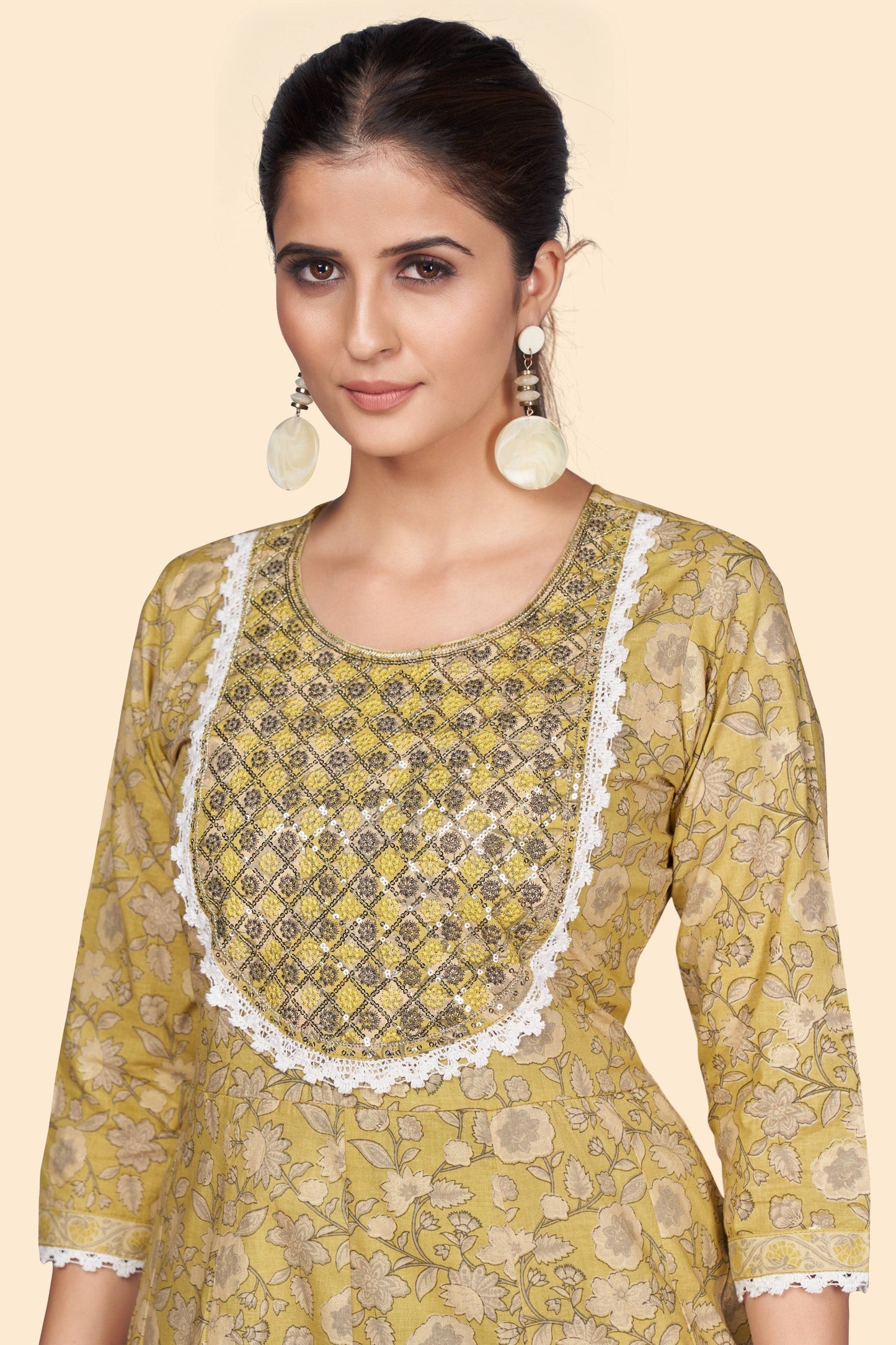 Women's Print & Embroidered A-Line Cotton Yellow Stitched Kurta