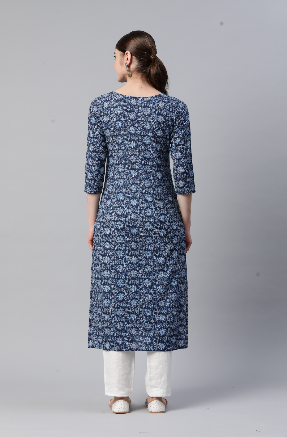 Women's Print & Hand Work Straight Cotton Blue Stitched Kurta