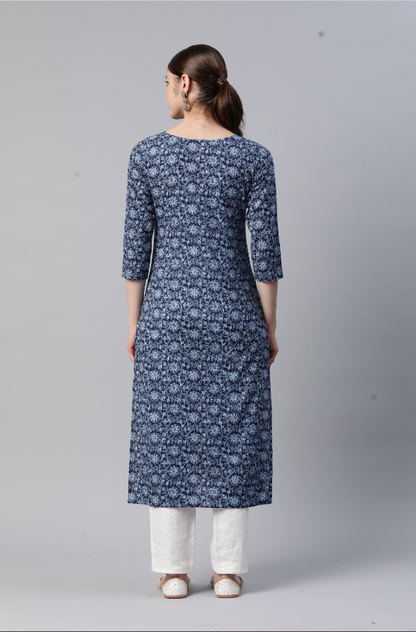 Women's Print & Hand Work Straight Cotton Blue Stitched Kurta