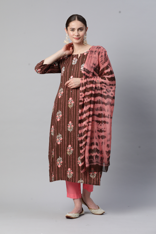 Women's Print & Embroidered Straight Rayon Brown Stitched Kurta Pant With Dupatta
