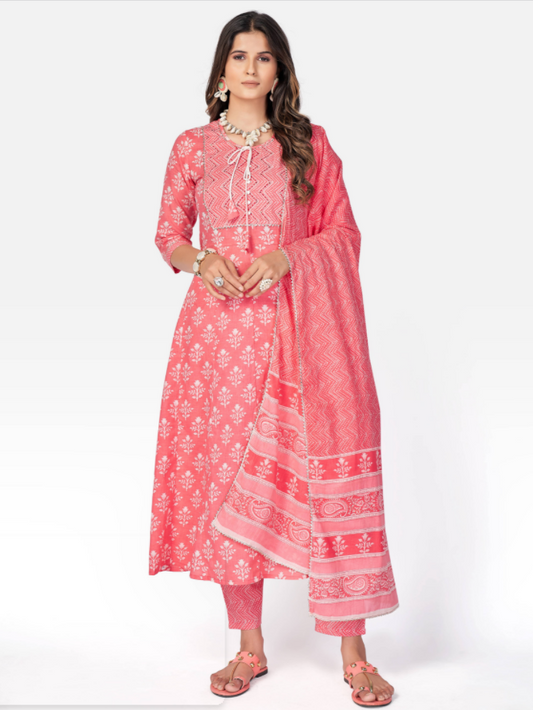 Women's Pink Anarkali Cotton Kurta With Pant & Dupatta By Vbuyz (3