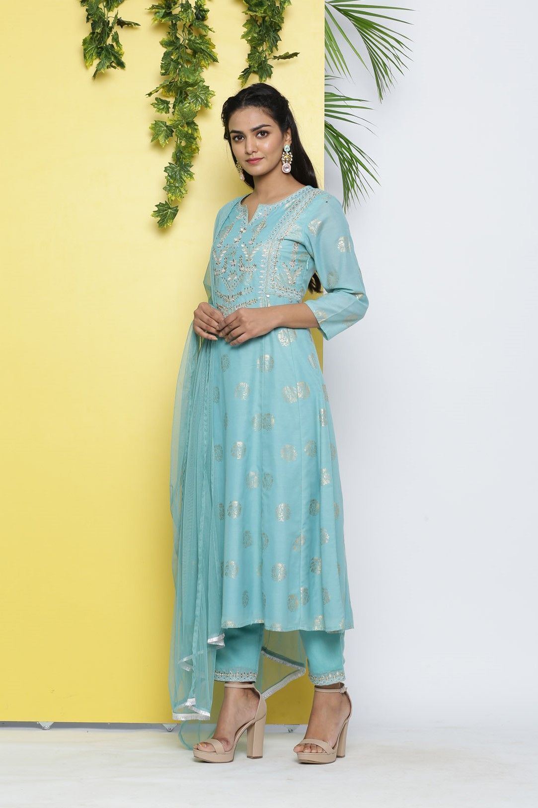 Women's Mint Poly Muslin Printed A-Line Kurta Pant Dupatta Set