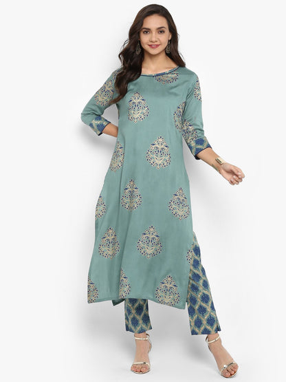 Women's Turquoise Green Rayon Kurta With Pa
