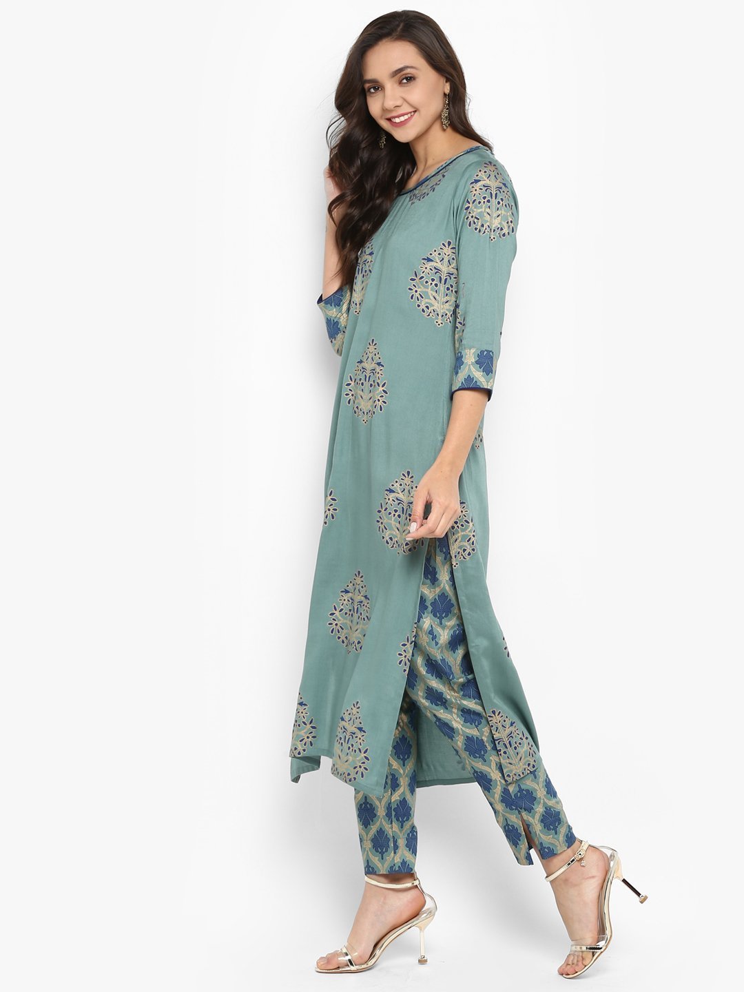 Women's Turquoise Green Rayon Kurta With Pa