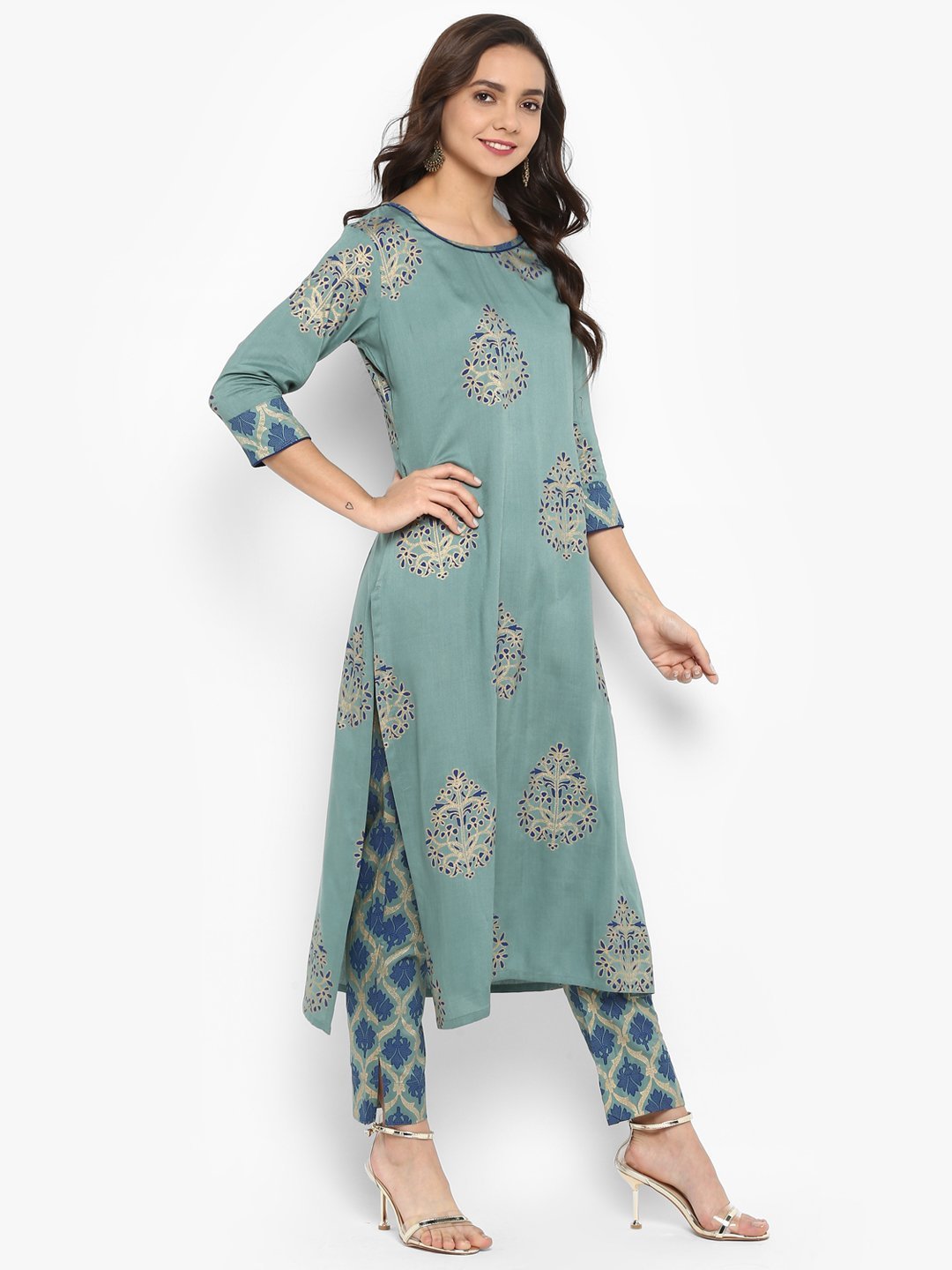 Women's Turquoise Green Rayon Kurta With Pa