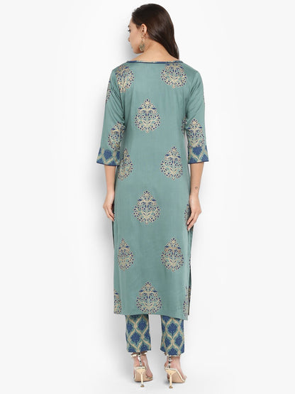 Women's Turquoise Green Rayon Kurta With Pa