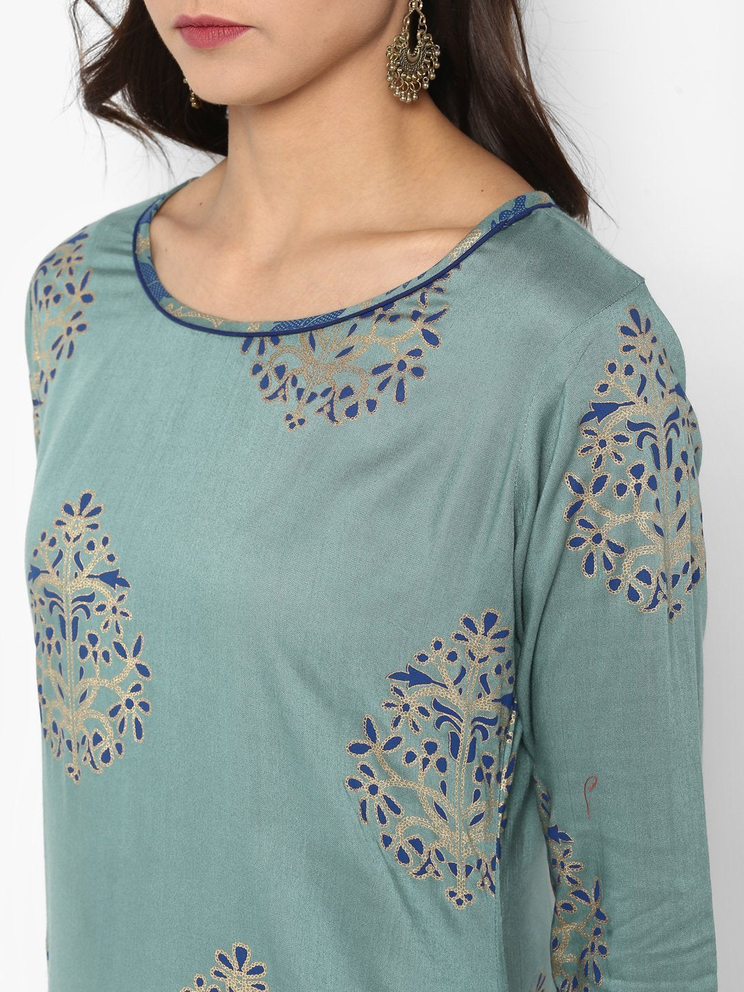 Women's Turquoise Green Rayon Kurta With Pa