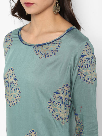 Women's Turquoise Green Rayon Kurta With Pa
