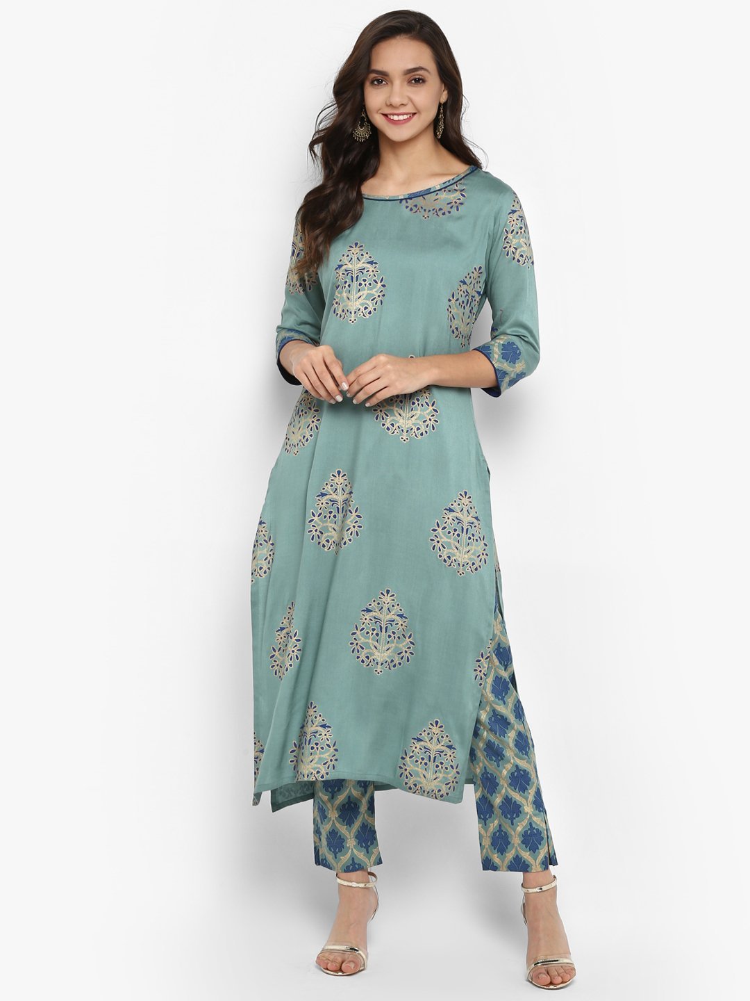 Women's Turquoise Green Rayon Kurta With Pa