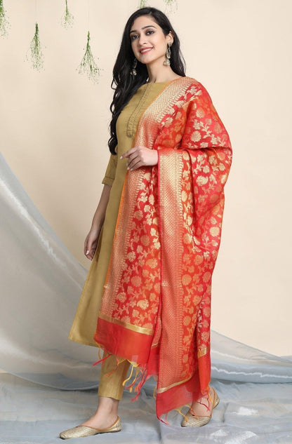Women's Gold Poly Silk Kurta With Pant And Dupatta
