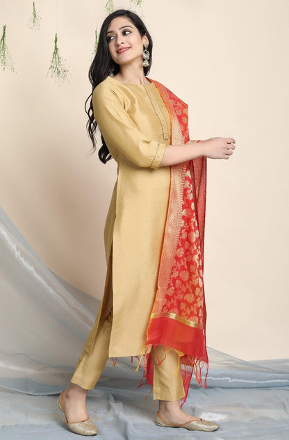 Women's Gold Poly Silk Kurta With Pant And Dupatta