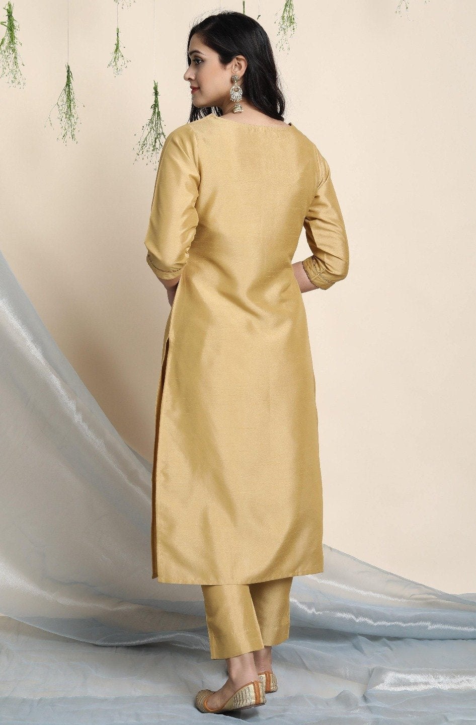 Women's Gold Poly Silk Kurta With Pant And Dupatta