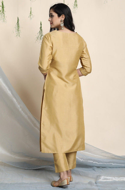 Women's Gold Poly Silk Kurta With Pant And Dupatta