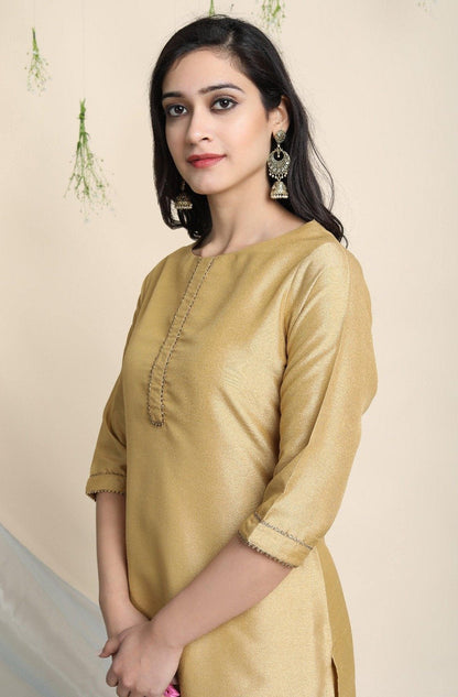 Women's Gold Poly Silk Kurta With Pant And Dupatta