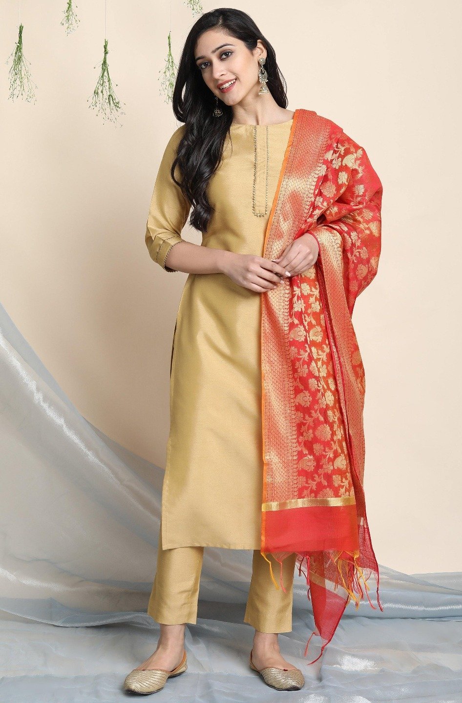 Women's Gold Poly Silk Kurta With Pant And Dupatta