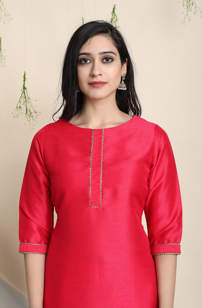Women's Pink Poly Silk Kurta With Pant And Dupat