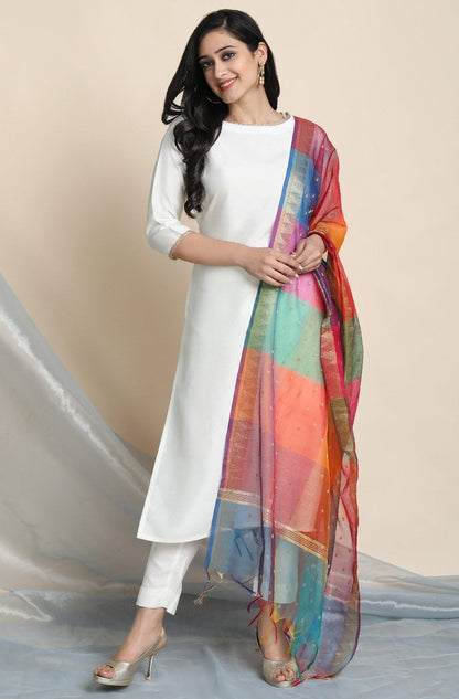 Women's Off-White Poly Silk Kurta With Pant And Dupat